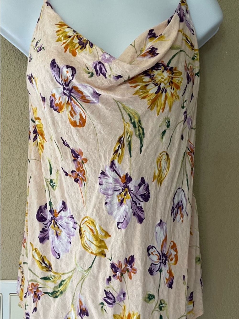Promesa Floral Cowl Neck Tank Top in Cream with Purple & Yellow Flowers